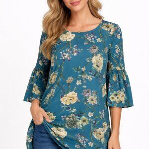 Bryn Walker Diego Floral Tunic Size Large 3/4 Bell Sleeve Cottagecore Blue Teal